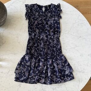 Aqua Deep Navy Blue Sundress with Ruffled Tiered Design and Flutter Sleeves
